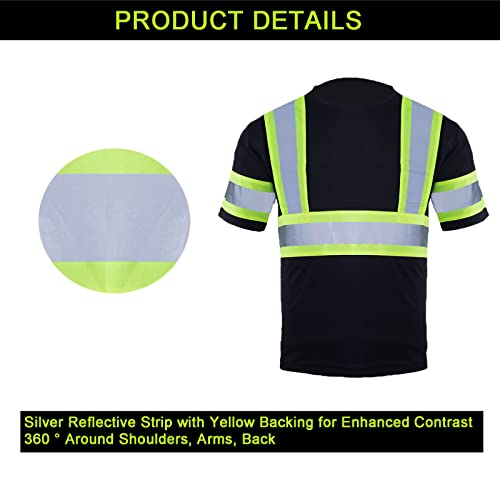 Fonirra High Visibility Safety T Shirt For Men Reflective Ansi Class 2 Short Sleeve Hi Vis Construction Work Shirt With Black Bottom (Black,Xl) #TOP4
