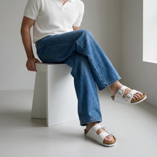 Image of CUSHIONAIRE Lane Cork Footbed Mens Sandals, Adjustable Buckle Comfort Slides for Men, Genuine Leather Insole Summer Sandals Men Footwear