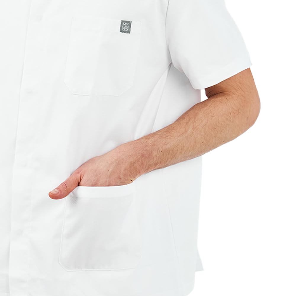 MYLOOKPRO - Tunique Professionnelle Homme Blanche – Blouse Médicale Manches Courtes Polycoton – Col Officier Boutons Pression – 3 Poches – Tenue Infirmier, Laboratoire, Esthétique