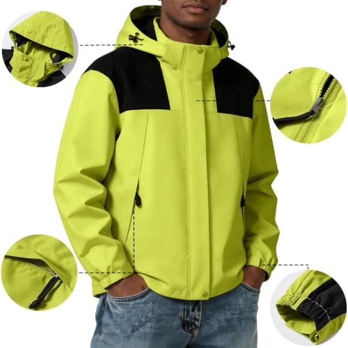Image of Color Block Waterproof Hooded For Men Rain Shell Jacket Windproof Coat With Adjustable Drawcord Hood & Velcro Cuffs Packable Zip Up Hiking Camping And Fishing Outdoor Activities Fluorescent Green S