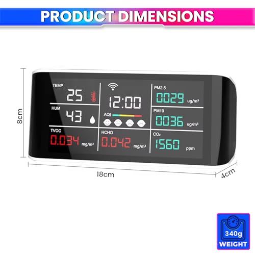 Image of amiciSense WIFI Air Quality Meter with Time Display & Data Export Feature-CO2 /PM2.5 /HCHO /Temperature /Humidity Sensor Compatible with SmartLife App