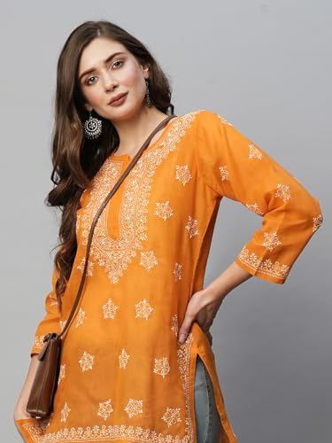Image of Ada Hand Embroidered Lucknow Chikankari Straight Round Neck Cotton Blend Short Kurti Tunic Top for Women A911333