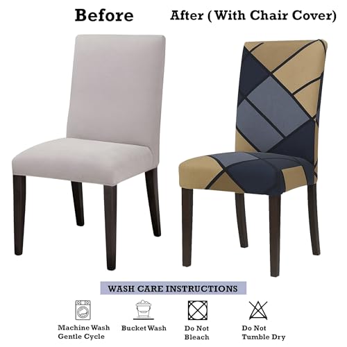 Image of Stretchable Dining Chair Cover - Washable, Removable, Anti-Slip, Protector, Universal Fit (Set of 2, Grey & Beige Geometric)