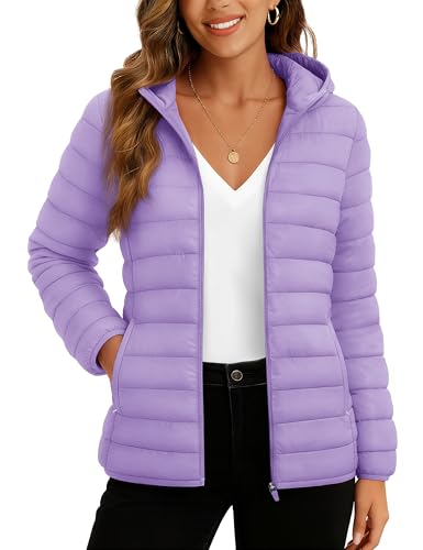 TACVASEN Women's Winter Puffer Coat Lightweight 3 Pockets Hooded Quilted Jackets Long Sleeve Zip-up Padded Coat,Light Purple L