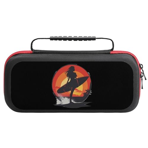 Vintage Sunset Surfing Women with Surfboard Carrying Case Compatible for Switch Hard Shell Storage Tote Bag with 20 Game Card Bags