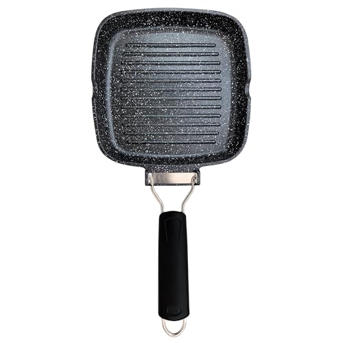 briebe Black Titanium Grill Stripe Rotisserie Induction, Non-stick Titanium, Frying Pan 20 x 20 cm Cast Aluminium without PFOA, Folding Handle, Suitable for Glass-Ceramic, Gas