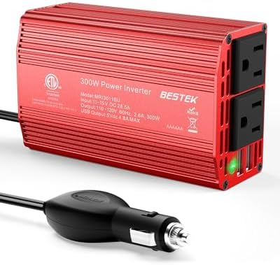 BESTEK Power Inverter DC 12V to AC 110V - 300W Car Plug Adapter Outlet with 4.8A Dual USB Fast Charging Port - Car Charger Cigarette Lighter Adapter for Phone, Laptop on Road Trip - Aluminum Housing