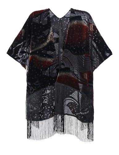 Image of MJ SERECA Women's Burnout Velvet Kimono Cardigan Cover Up with Tassel