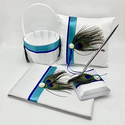 Ansuma Flower Girl Basket Ring Bearer Pillow Guest Book and Pen Set, Wedding Party Accessory with Peacock Feather and Blue Ribbon Decor(4 in All)