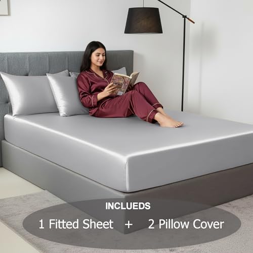Image of Soft and Silk Satin Fitted Bedsheet for Single Size 36X75 +12 in - Elastic Fitted Sheet 400 TC Hotel Collection for Bedroom | Fitted Sheet with Pillow Cover - Silver Gray, Single Bed