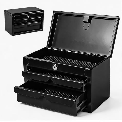 JACK BOSS Mini Tool Box with Two Drawers and Lockable Top Storage Black