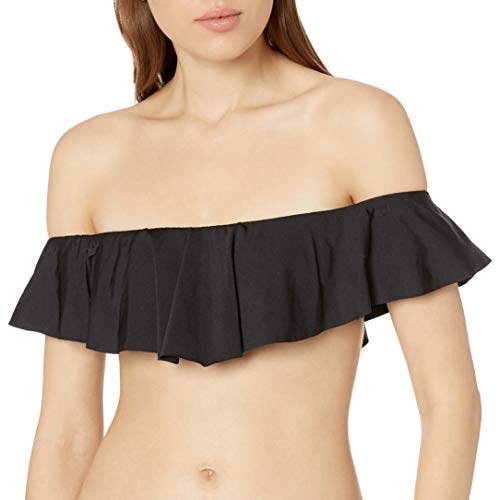 Trina Turk Women's Off Shoulder Ruffle Bandeau Bikini Swimsuit Top, Black/Key Solids, 0