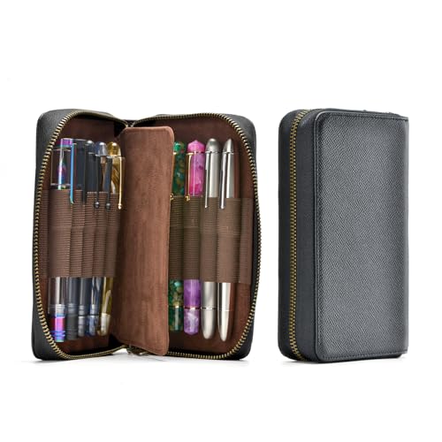 Image of Fountain Pen Leather Pen Case 10 Divided Slots, Rollerball Pen Holder Handmade Display Organizer Zippered Pouch