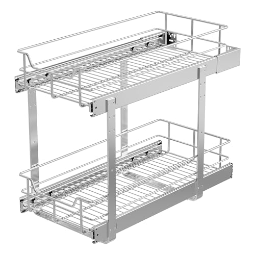 Image of 2 Tier Pull Out Cabinet Organizer 11 inch W X 22 inch D, Chromed, Full Slide Out