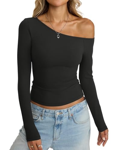 Womens Off Shoulder Tops Tight Long Sleeve Shirts Sexy Crop Top Y2K Slim Fit Going Out Fall Fashion Clothes 2025
