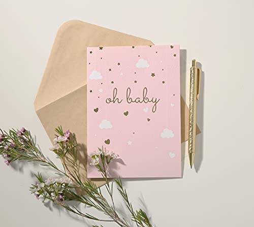 Baby Shower Card - Single Pink Greeting Cards 5" X 7" With Kraft Envelope - Gold Foil Printing"Oh Baby!" For Congratulations Baby Shower For Newborn Baby Girl - Blank Inside #TOP5