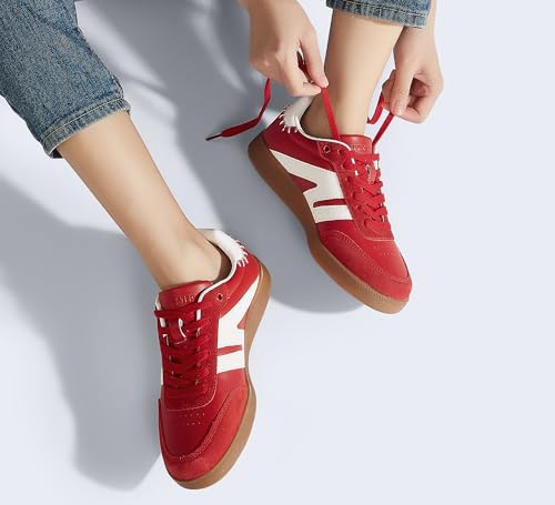 Image of LUCKY STEP Women Retro Gum Sole Fashion Sneakers | Genuine Leather Classic Tennis Skate Walking Shoes Anti Slip Trainers
