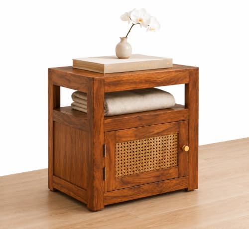 Image of Solid Sheesham Wood Bedside Table with Cane Door | Wooden Nightstand with Open Shelf & Storage Cabinet | Modern Side Table for Bedroom & Living Room