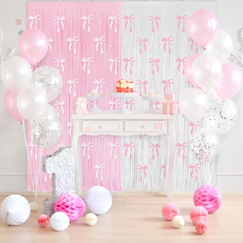 Image of 4 Pack Pink Bow Party Backdrop Decoration Pink Bow Foil Fringe Curtains for Girls Bow Birthday Baby Shower Decorations Bridal Shower Bachelorette Party Decor Supplies 3.2ft X 8.2ft