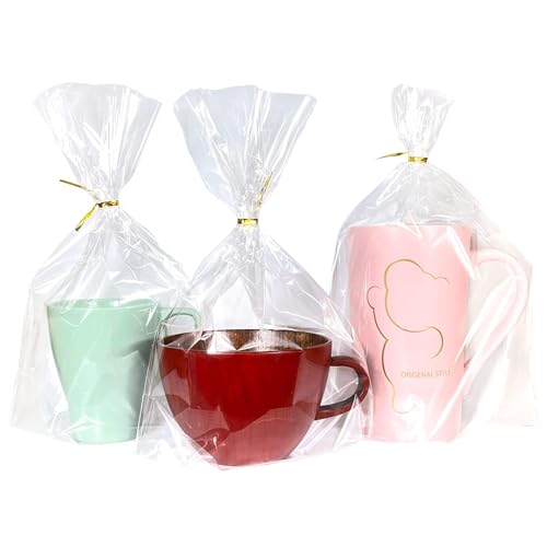 PigPotParty Cellophane Bags 8x11 Inch 50 Pack Clear Plastic Gift Bags with Bottom Gusset for Stand-Up Display Medium Cello Gift Wrap for Goodies Treats Party Favors Mugs Includes 50 Gold Ties