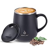 Ideus Kaffeebecher 470 ml (16 oz), doppelwandige vakuumisolierte Kaffee- und Teetasse aus Edelstahl mit rutschfestem Griff und Schiebemoduldeckel und großem Volumen (Schwarz)