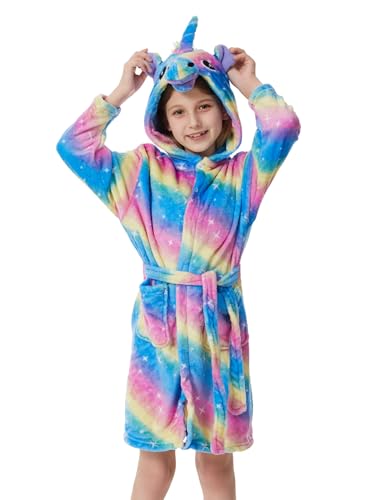Girls Unicorn Fleece Robe, Rainbow Star Leopard Bathrobe for Kids, Coral Fleece Bath Robe With Pockets for Age 3-12