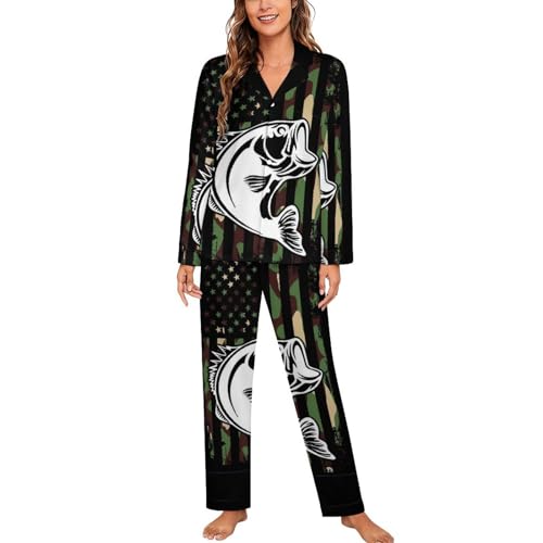 Conjunto de pijama de camuflaje con bandera americana para mujer, de manga larga, cómodo cuello cubano con botones, Estilo:, S