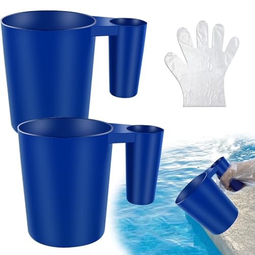 Confezione da 2 misurini per piscina, 17,2 x 13,5 cm, blu, per prodotti chimici, multiuso, grandi, per la manutenzione delle piscine, con manico e 50 guanti, può contenere 0,5 kg di sostanza