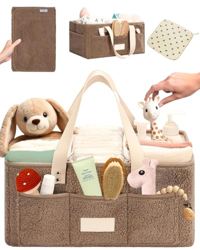 Image of Toodly Baby Diaper Caddy Organizer with Portable Changing Mat and Heart Burp Cloth - Teddy Fleece nursery Organizer for Changing Table - Baby Basket for Changing Essentials - Taupe