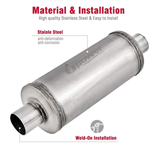 Upower 185990 2.5 Inch Inlet Muffler 2.5 Inch In(C)/Out(C) 6 Inch Round 14 Inch Body Universal Stainless Steel Exhaust Muffler Tbm2616 Straight Through Whole Length 20 Inch thumb #5