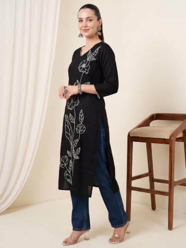 Image of INDO ERA Women Viscose Rayon Straight Fit Straight Floral Embroidered Kurtas
