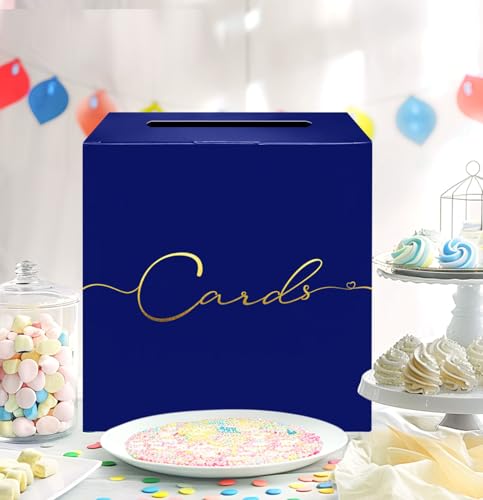 Image of HEIPINIUYE Large Card Box for Party 9.8 inch x 9.8 inch Blue Card Box with Gold Foil Design Envelope Box Gift Card Holder Box for Wedding Birthday Baby Shower Retirement Graduation Party Raffle Box