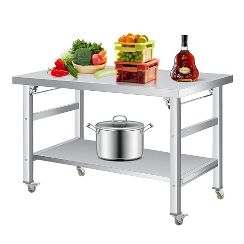Folding Stainless Steel Table, 36x24 in, Commercial Work Table w/Lockable Casters & Undershelf, Foldable Double-Tier Stainless Steel Workstation for Kitchen, Restaurant, Garage, Camping, Outdoor