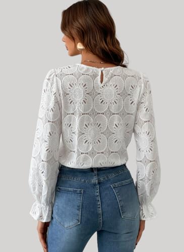 CUPSHE Women Eyelet Long Sleeve Tops Shirts Dressy Hollow Out Crochet Lace Embroidered Blouses 2025 Fashion Top White