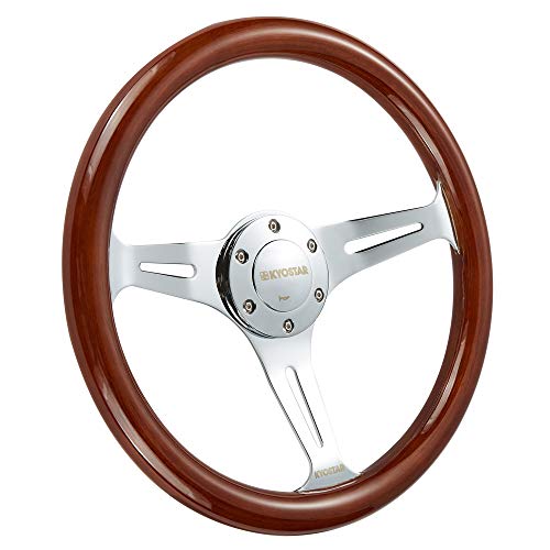 kyostar ユニバーサル350mm 14"インチグラントクラシックノスタルジアスタイルウッドグレインステアリングホイールスポークホーンボタン付き（シルバー）