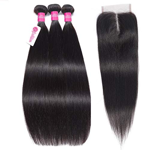 Brazilian Straight Human Hair Bundles With Closure 10A Unprocessed Straight Hair 3 Bundles with Middle Part Lace Closure B-Fashion Remy Human Hair Extensions (16 18 20 and 14 Closure)