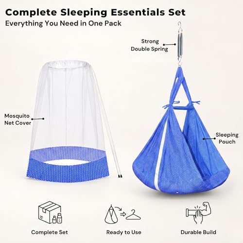 Image of Vparents Sleeping Essentials with Mosquito Net & Spring, Small Dot (Dark Blue)