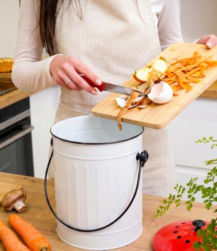 Image of Plexon Countertop Compost Bin with Lid, White 1.5 Gallon Odorless Kitchen Compost Container, Steel Food Compost Bucket for Kitchen with Charcoal Filter, Compost Pail for Kitchen Countertop