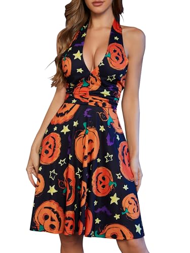 Image of Women's Festival Dress- Halter V Neck Sleeveless Ruffle Mini Dresses with Pocket