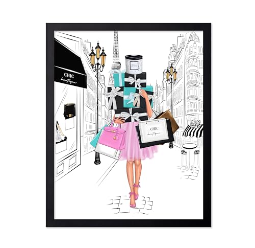 Image of Poster Master Fashion Poster - Lady with Shopping Bags Print - Trendy Art - Modern Art - Gift for Her & Fashionista - Luxury Haute Couture Decor for Bedroom or Girl's Room, 8x10 Black Framed