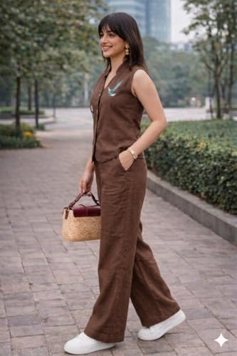 Image of Lyssa Yellow Ember Embroidered Co-Ord Set for Women, Sleeveless Vest with Wide-Leg Trousers