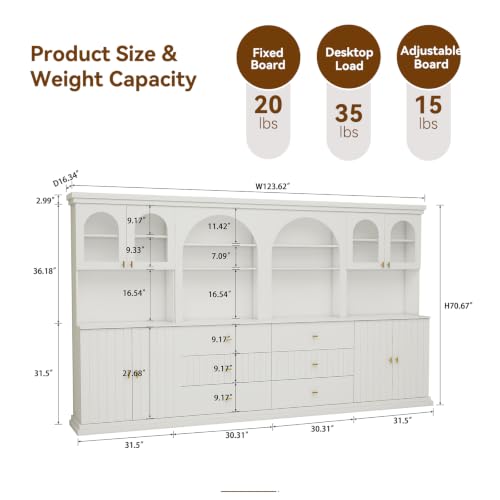 Image of ivaniti 71 inch Arched Kitchen Pantry Cabinet Set of 4, White Freestanding Storage Hutch Combination with 2 Glass-Door Coffee Bar Cabinets and 2 Three-Drawer Open Shelf Cabinets for Kitchen