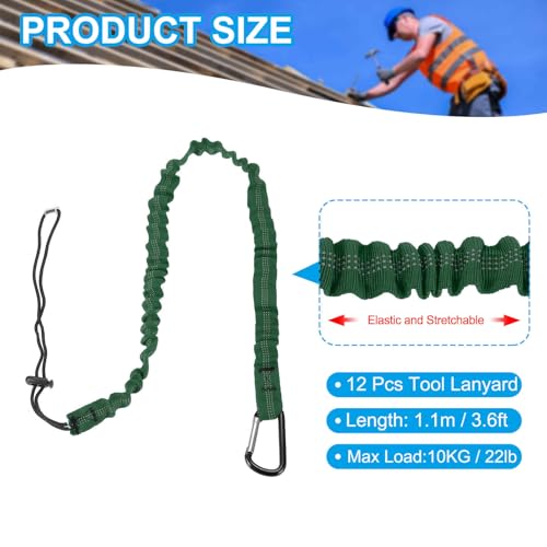 Image of MECCANIXITY Retractable Tool Lanyard 3.6ft with Single Aluminum Buckle and Adjustable Loop End, Maximum Weight Limit 10KG / 22lb, Safety Fall Protection Tools Leash, Dark Green 12 Pack