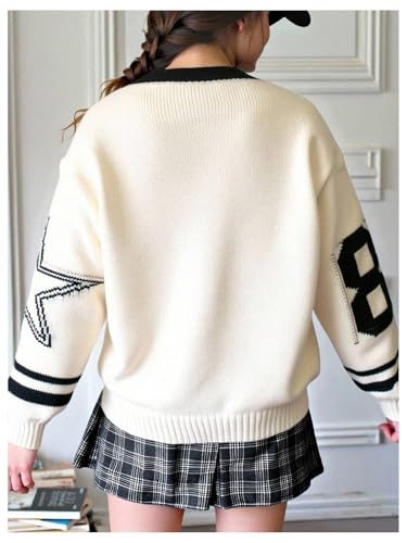Girl's Y2K V Neck Knit Sweater Number Star Pattern Long Sleeve Lightweight Pullover Jumper Tops2