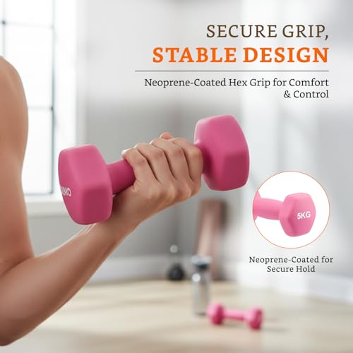 Image of Amazon Brand - Solimo Neoprene Dumbbell 5 Kg, Set of 2 (Light Pink)