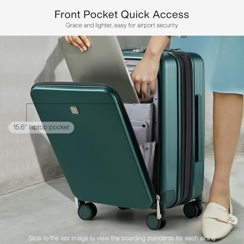Hanke Grace Expandable Carry On Luggage with Wheels Airline Approved Hard Shell Suitcases with Front Pocket，Top Opening Luggage with TSA Lock for Short Business Travel, Blackish Green.2
