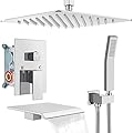 gotonovo Shower System with Tub Spout Ceiling Mount Shower Faucet Set Rain Shower Head and Handheld Combo with Waterfall Bathtub Spout Rough-in Valve Kit Included 12 inch Shower Head Polished Chrome