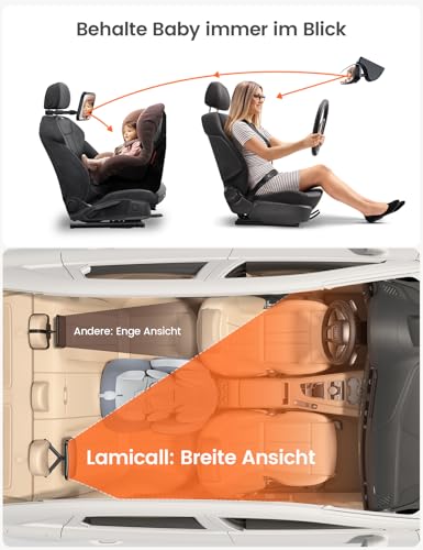 Lamicall Spiegel Auto Baby Rückbank - [2026 Haken Clip] Bruchsicher Autospiegel Baby Rücksitz, 360° Drehbar Babyspiegel Rücksitzspiegel, Kopfstützen Auto Spiegel für Baby&Kinder mit 175° Konvexspiegel