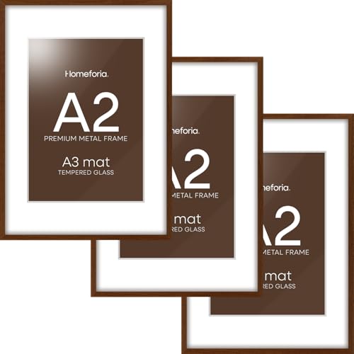 Homeforia A2 額縁 ブラウン ハイエンドダークオーク 16.5×23.4インチ 木製ポスターフレーム マット31.7×16.5インチの写真にマット付き A2ウォールナットウッドフレーム マットA3 16.5×23.5インチ 強化ガラス ウォールキット 3枚セット（Amazon）