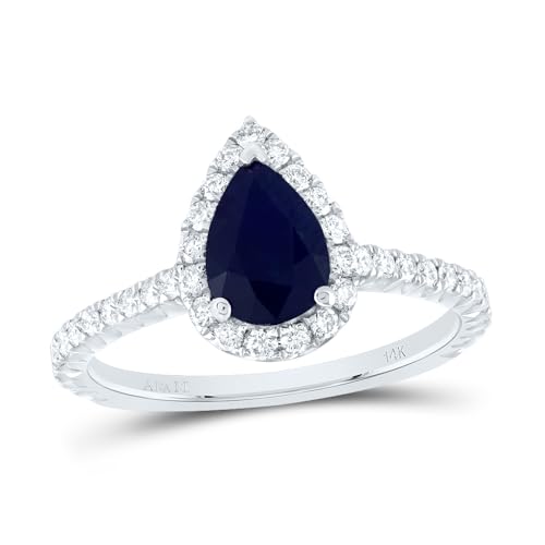 Jewels By Lux 14kt White Gold 1/2 Cttw Diamond Ana M 8x5.5mm-ps Blue Sapphire Natural Gem Single Halo Wedding Engagement Anniversary Ring, Women Size: 5-9